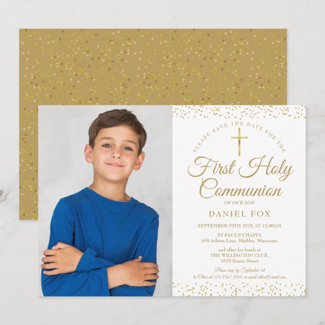 First Holy Communion Elegant Gold Dust Photo Save The Date (Front/Back)