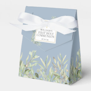 First Holy Communion Elegant Greenery Foliage Blue Favor Box
