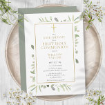 First Holy Communion Elegant Greenery Save The Date<br><div class="desc">Featuring delicate watercolor leaves and an elegant gold crucifix,  this chic gender neutral First Holy Communion save the date invitation can be personalized with your special information,  with a silver sage background on the reverse. Designed by Thisisnotme©</div>