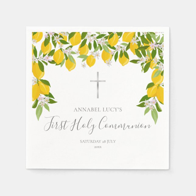 First Holy Communion Elegant Lemon Greenery Napkin (Front)