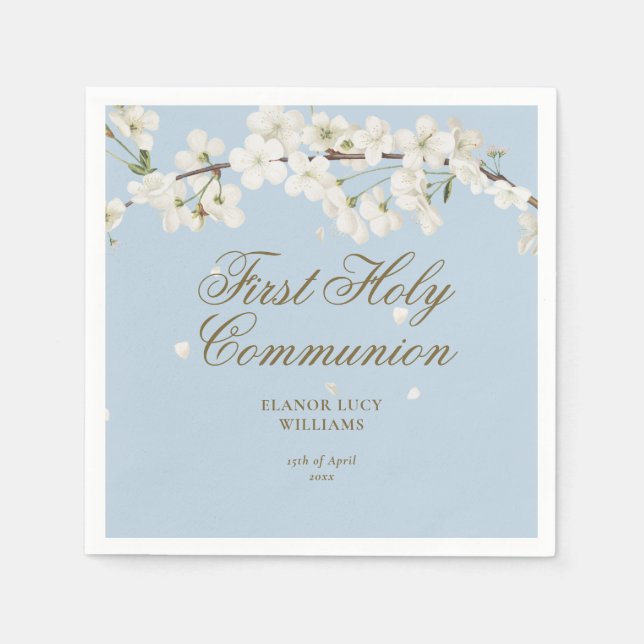 First Holy Communion Elegant White Blossom Blue Napkin (Front)
