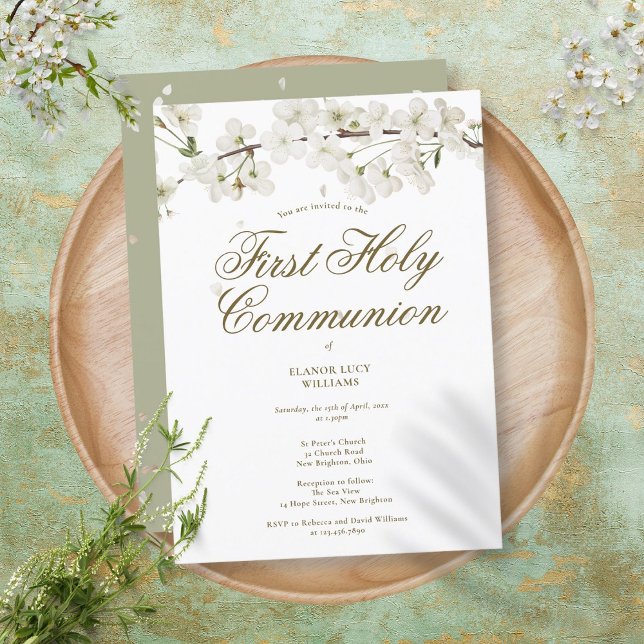First Holy Communion Elegant White Blossom Floral Invitation (Creator Uploaded)