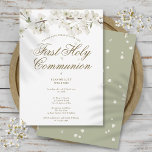 First Holy Communion Elegant White Blossom Floral  Save The Date<br><div class="desc">An elegant first holy communion save the date card featuring delicate white blossom framing your first holy communion details in elegant gold typography. Designed by Thisisnotme©</div>