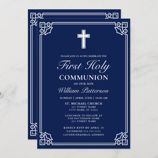 First Holy Communion Elegant Woven Frame Navy Blue Invitation (Front/Back)