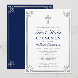 First Holy Communion Elegant Woven Silver Frame Invitation