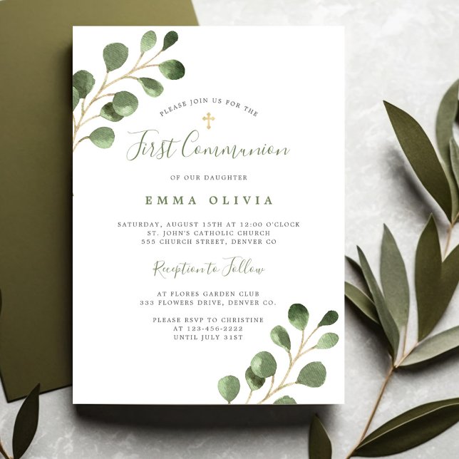 First Holy Communion eucalyptus elegant Invitation (Creator Uploaded)