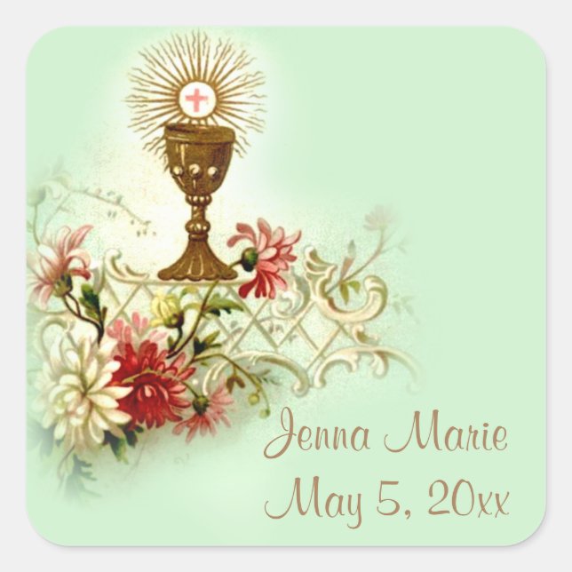 First Holy Communion Eucharist Flowers Square Sticker (Front)