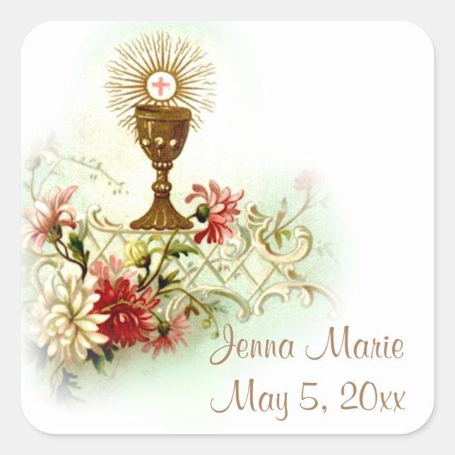 First Holy Communion Eucharist Flowers Square Sticker (Front)