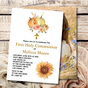 First Holy Communion Fall Pumpkin Sunflower Photo Invitation