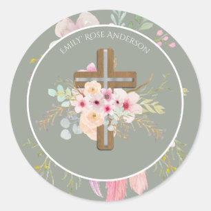 First Holy Communion Floral Cross Girls Sage Pink Classic Round Sticker