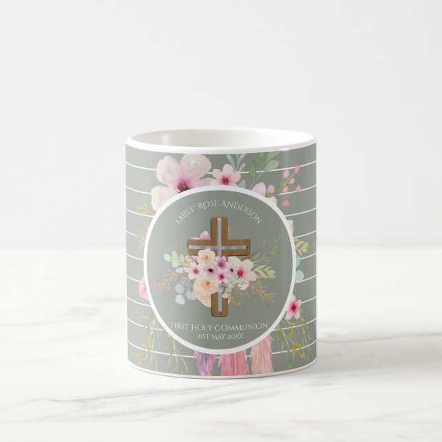 First Holy Communion Floral Cross Girls Sage Pink Coffee Mug (Center)