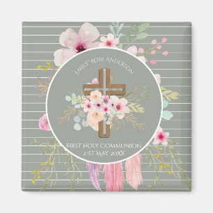 First Holy Communion Floral Cross Girls Sage Pink Magnet