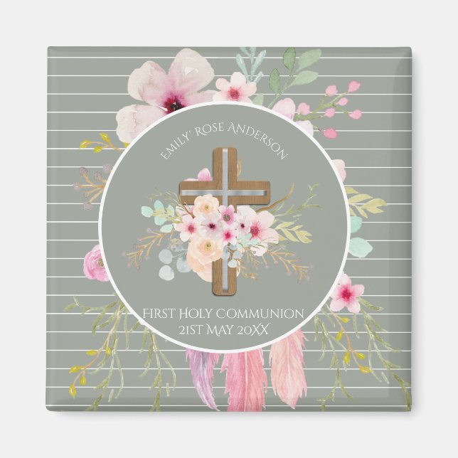 First Holy Communion Floral Cross Girls Sage Pink Magnet (Front)