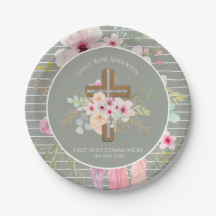 First Holy Communion Floral Cross Girls Sage Pink Paper Plate