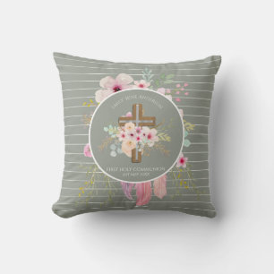 First Holy Communion Floral Cross Girls Sage Pink Throw Pillow
