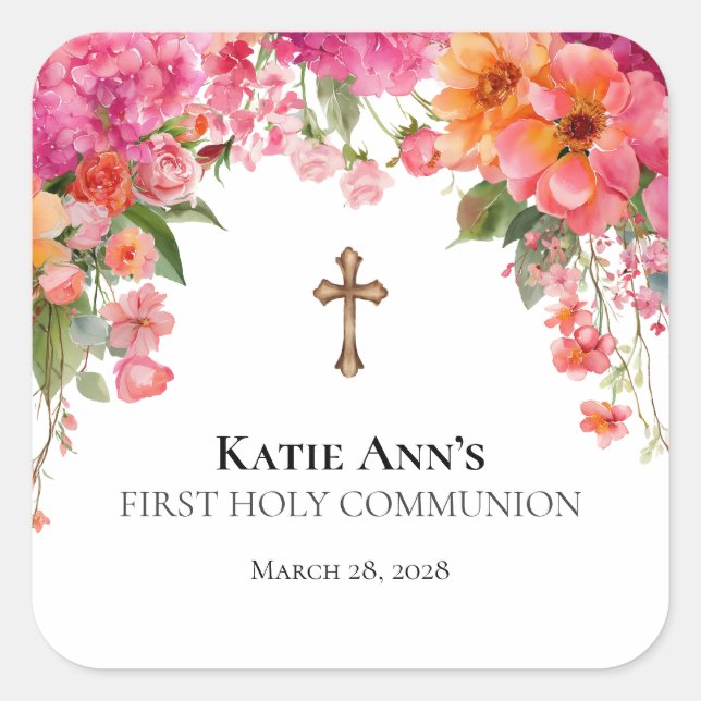 First Holy Communion Floral Custom Square Sticker (Front)