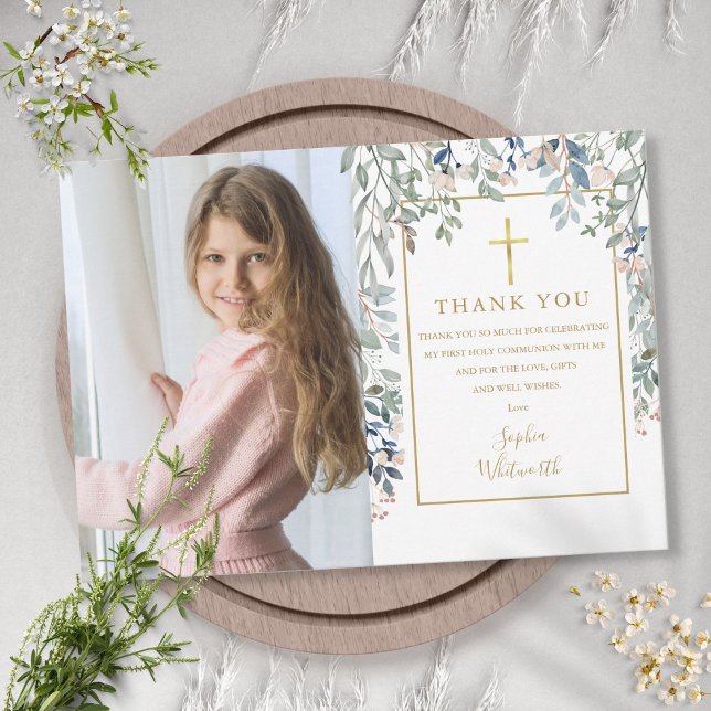 First Holy Communion Floral Foliage Photo Thank You Card (Creator Uploaded)