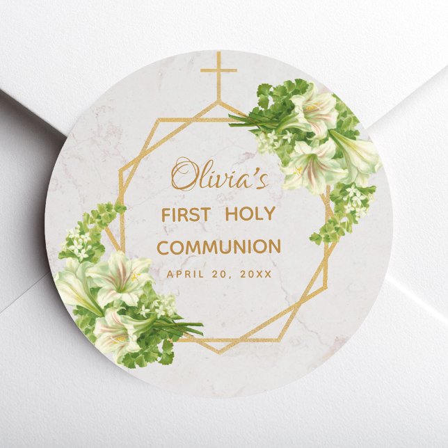 First Holy Communion Floral Gold Lilies Marble Classic Round Sticker (Creator Uploaded)