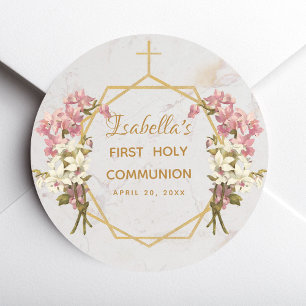 First Holy Communion Floral Gold Marble Orchids Classic Round Sticker