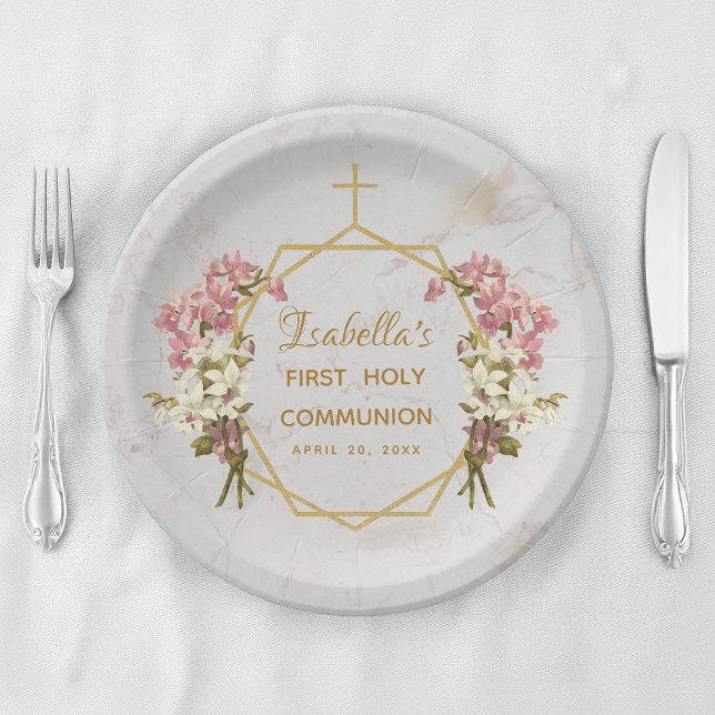 First Holy Communion Floral Gold Marble Orchids Paper Plate (Creator Uploaded)