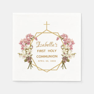 First Holy Communion Floral Gold Orchids Cross Napkin
