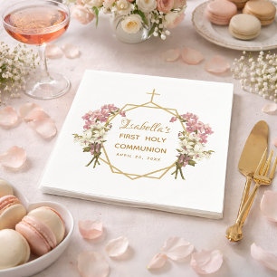 First Holy Communion Floral Gold Orchids Cross Napkin