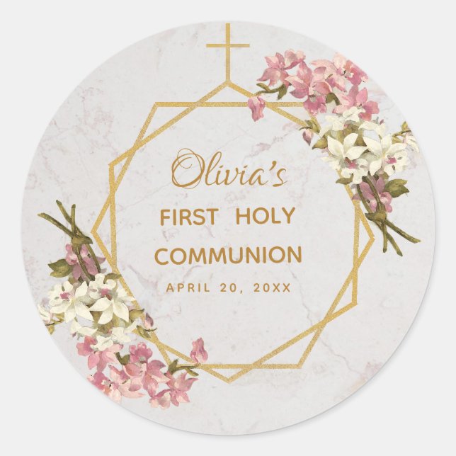 First Holy Communion Floral Gold Orchids Marble Classic Round Sticker (Front)