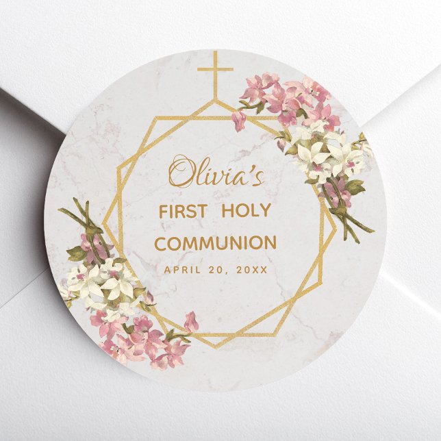 First Holy Communion Floral Gold Orchids Marble Classic Round Sticker (Creator Uploaded)