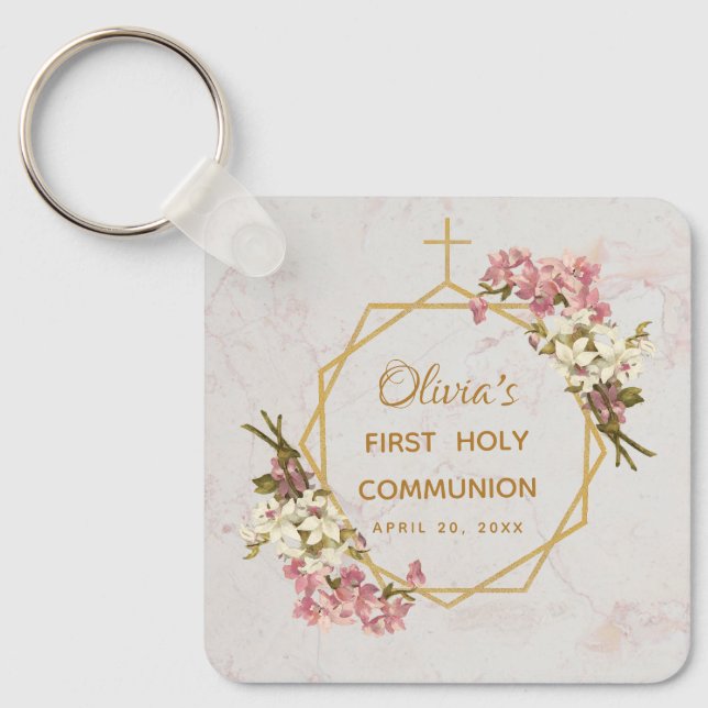 First Holy Communion Floral Gold Orchids Marble Keychain (Front)