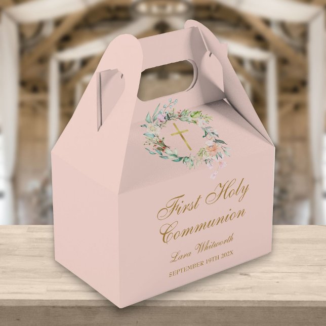 First Holy Communion Floral Gold Script Blush Pink Favor Box (Creator Uploaded)