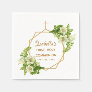 First Holy Communion Floral Lilies Gold Cross Napkin