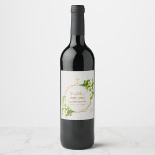 First Holy Communion Floral Lilies Gold Marble Wine Label