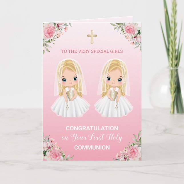 First Holy Communion for Little Twin Greeting Card (Front)