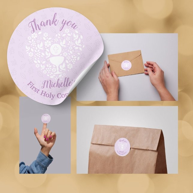First Holy Communion Girl Lavender Classic Round Sticker (Use these personalized thank you stickers to simplify your First Holy Communion celebration)