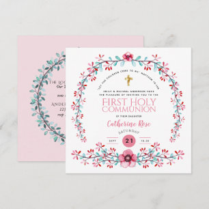 First Holy Communion Girls Pink Floral Invitations
