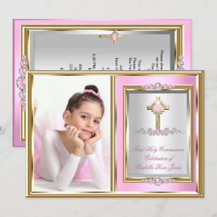 First Holy Communion Girls Pink Pearl Photo Invitation