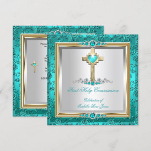 First Holy Communion Girls Teal Jade Pearl Rose Invitation
