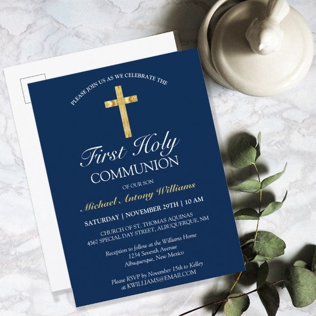 First Holy Communion Gold Cross Blue Invitation (Creator Uploaded)