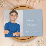 First Holy Communion Gold Cross Dusty Blue Photo  Thank You Card<br><div class="desc">Featuring a script signature name and a special photo on a dusty blue background. Personalize with your photo and special first holy communion thank you message in chic lettering on this stylish design. Designed by Thisisnotme©</div>