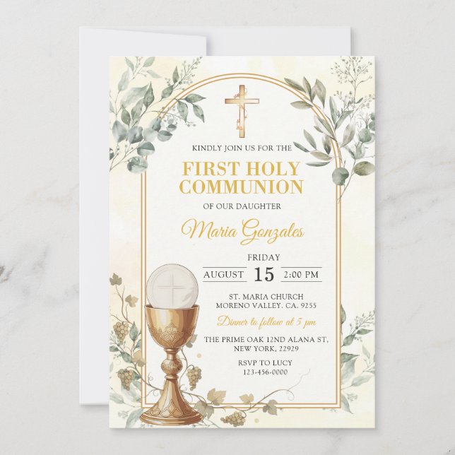 First Holy Communion Gold Cross Invitation (Front)