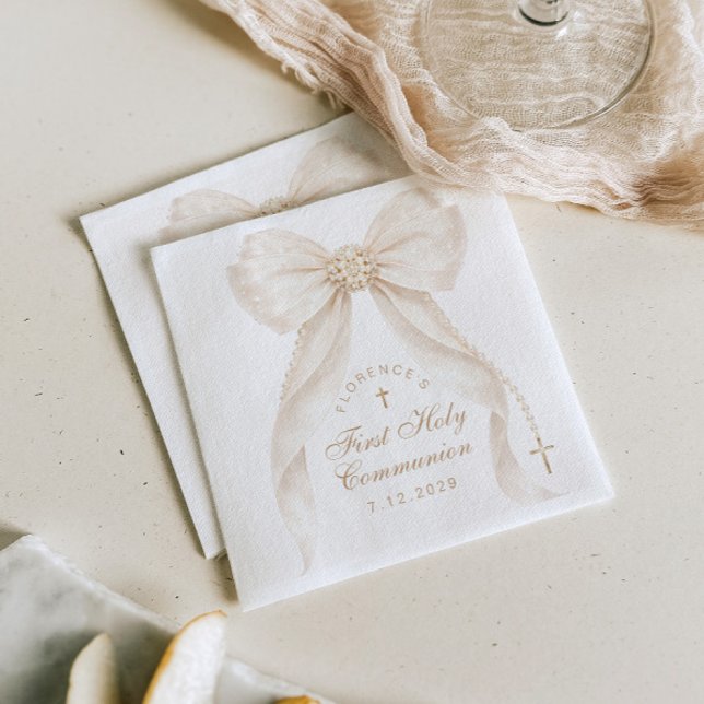 First Holy Communion Gold Cross Ivory Bow Napkin (Creator Uploaded)