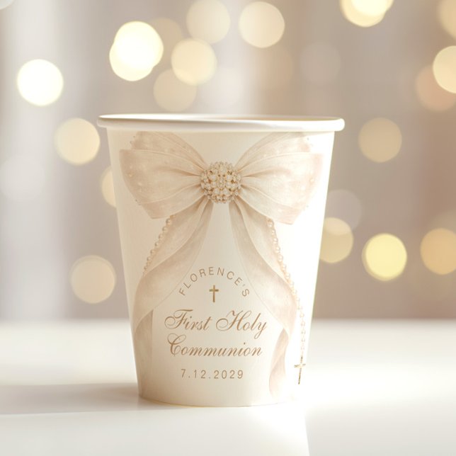 First Holy Communion Gold Cross Ivory Bow Paper Cups (Creator Uploaded)