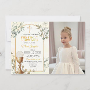 First Holy Communion Gold Cross Photo Invitation