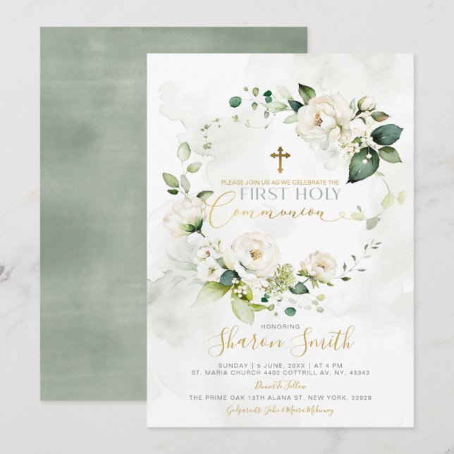 First Holy Communion Gold Cross White Floral Invitation (Front/Back)
