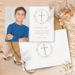 First Holy Communion Gold Floral Garland Photo Thank You Card<br><div class="desc">Featuring a special photo,  a delicate faux gold foil floral garland and crucifix and your first holy communion thank you message set in chic typography. The reverse features a matching delicate faux gold foil floral garland and crucifix. Designed by Thisisnotme©</div>