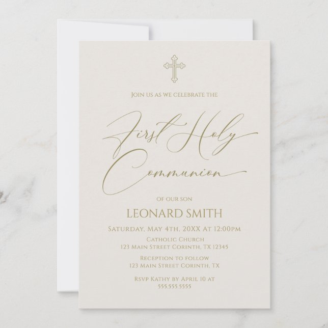 First Holy Communion gold marfil invitation (Front)