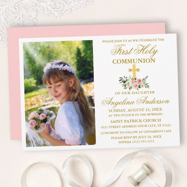 First Holy Communion Gold Watercolor Pink Floral Invitation (Customize to change text color, size, style or to change color of back of card.)