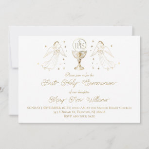 First Holy Communion golden angels Chalice Host Invitation