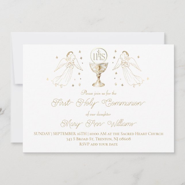 First Holy Communion golden angels Chalice Host Invitation (Front)
