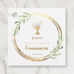 First Holy Communion golden circle green leaves Favour Tags